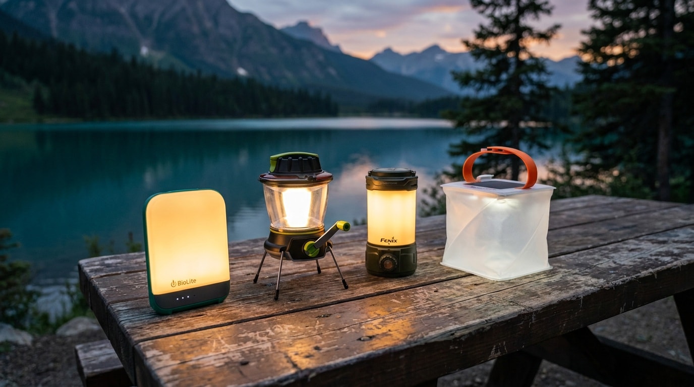 A glowing lantern on a table at dusk with pines silhouetted behind