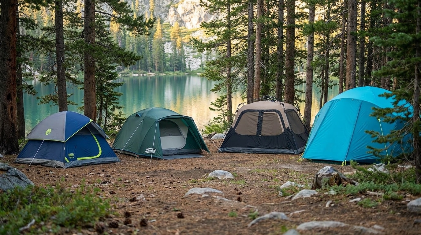 A lakeside campground with tents glowing at dusk
