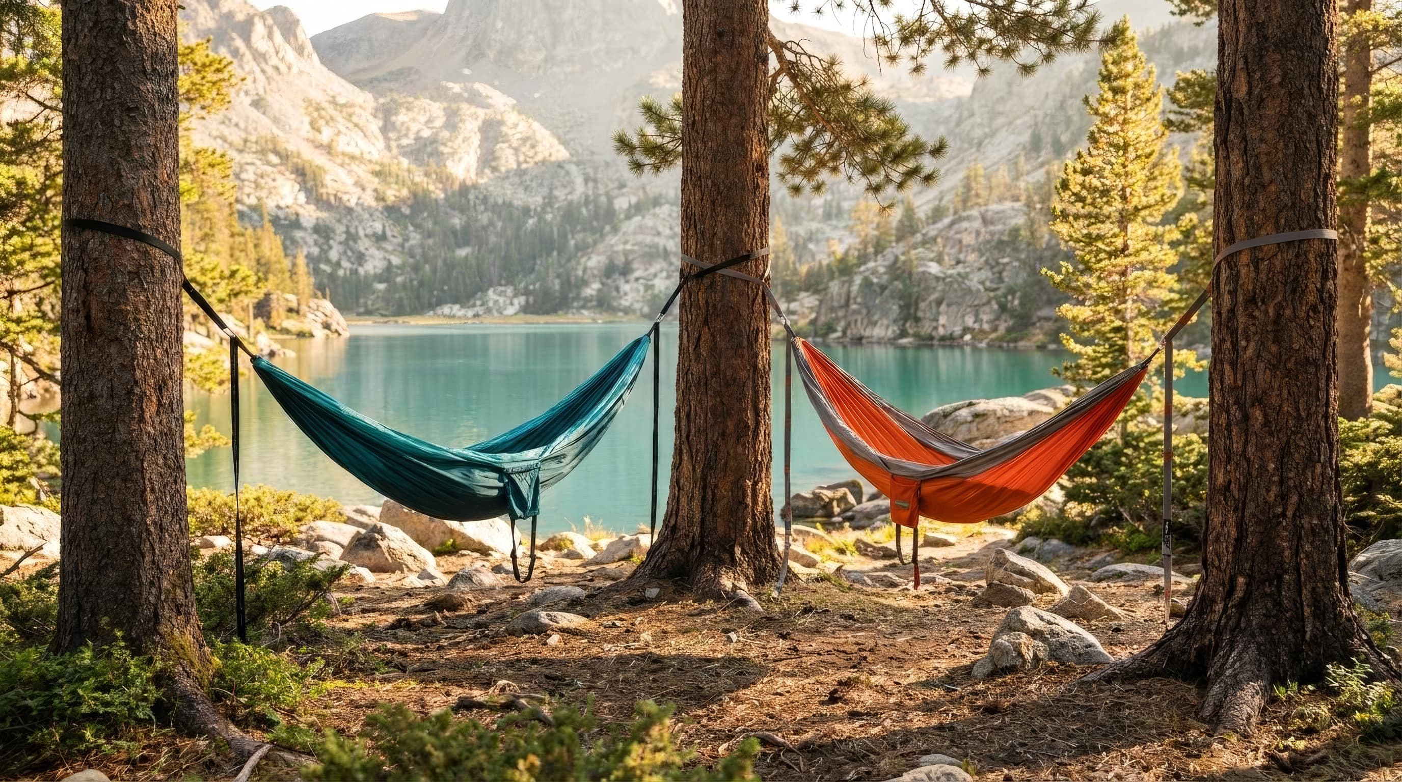 Two premium double hammocks suspended side by side among tall pine trees