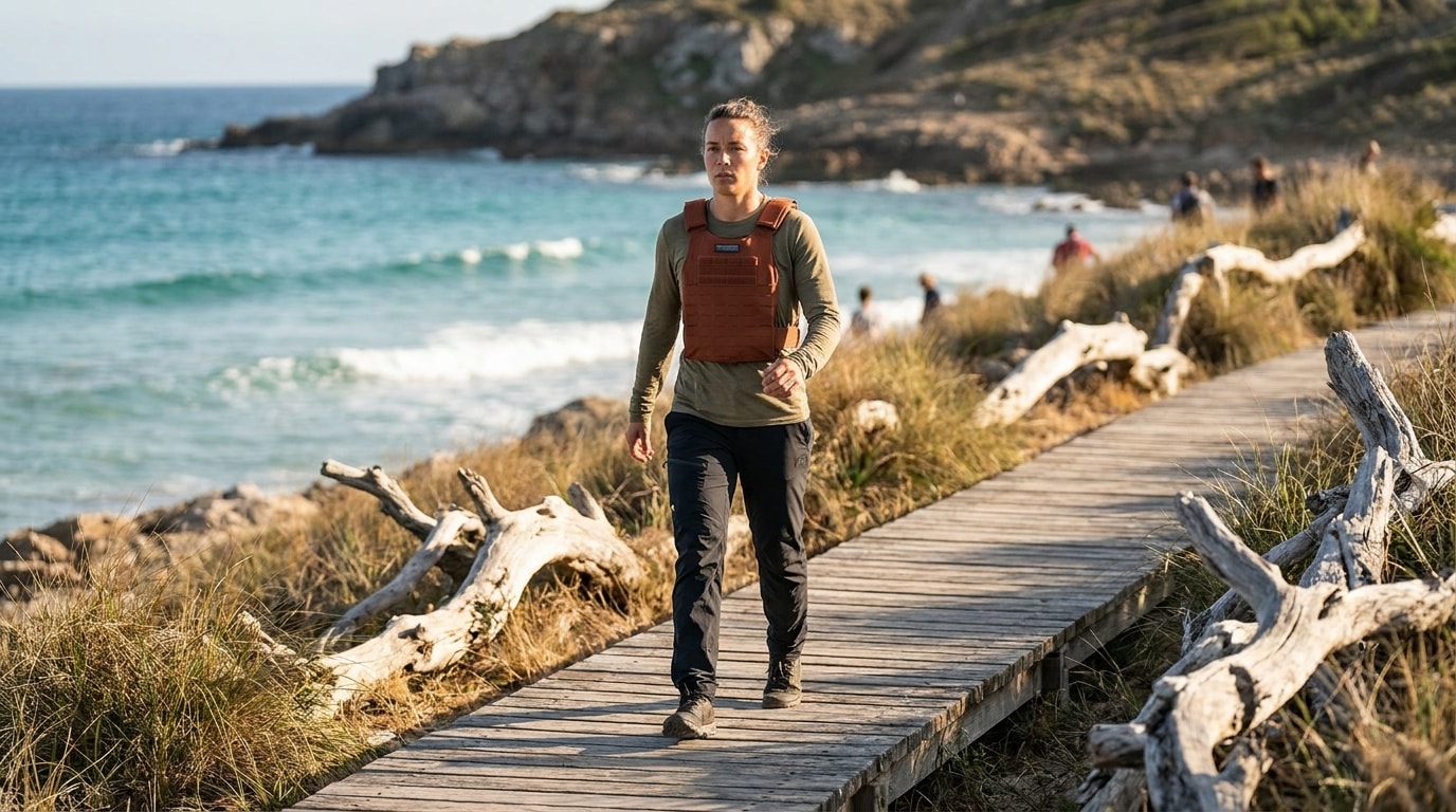 A person walking outdoors in a weighted vest