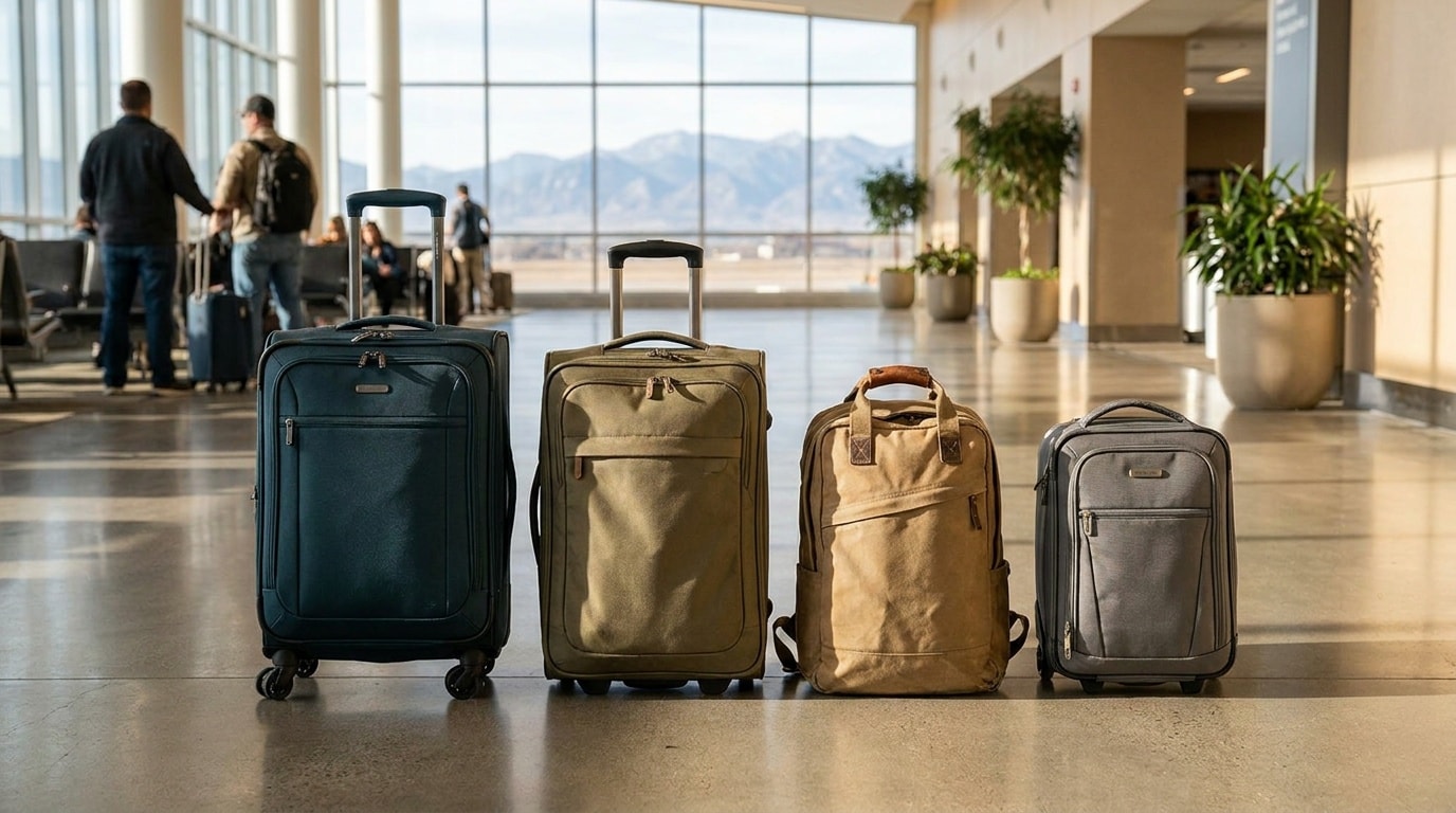 Travel bags lined up on an airport terminal floor